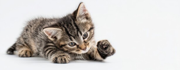 The kitten explores a bright studio surface with playful paws and curious eyes