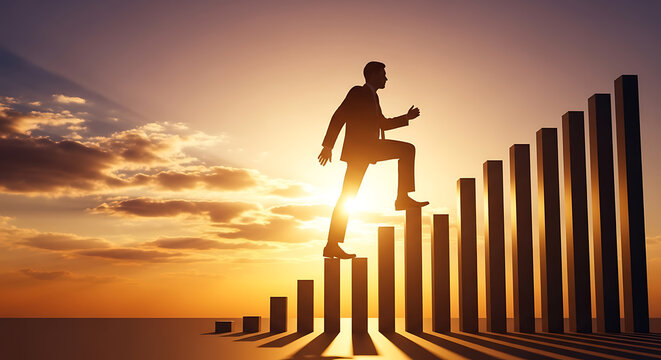 Silhouette of a businessman in suit climbing up a bar graph steps toward the sunset sky.