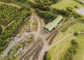Durham UK: 22nd July 2025: Drone view of Tanfield Railway yard in County Durham. Railway yard...