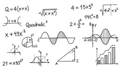 Hand drawn mathematical equations formulas graphs and geometric shapes on white background mathematics