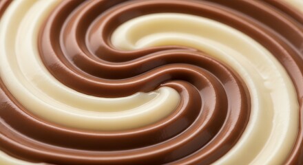 Close-up of creamy chocolate and vanilla swirl with smooth texture and glossy surface forming an abstract dessert pattern
