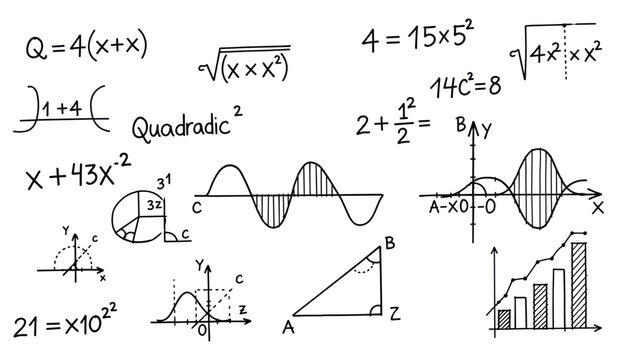 Hand drawn mathematical equations formulas graphs and geometric shapes on white background mathematics