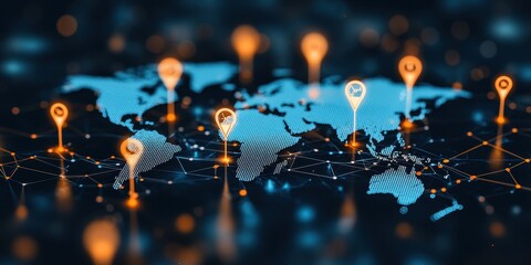 A digital world map with location markers and network connections, showcasing global connectivity and technology.