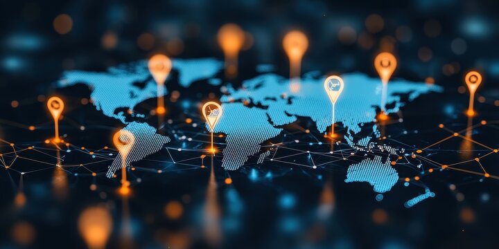 A digital world map with location markers and network connections, showcasing global connectivity and technology.