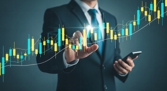 Businessman in suit interacting with candlestick chart and holding a mobile phone, showing business growth and investment analysis