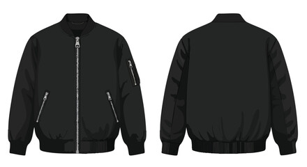 Detailed vector illustration showcasing the front and back views of a stylish black bomber jacket design element