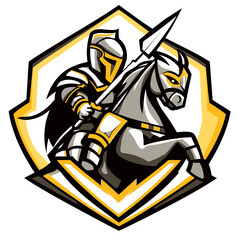 A circular logo design with a backdrop of stars, featuring an artistic depiction of a knight on horseback with a lance in hand