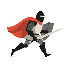 A colorful modern illustration presents a medieval armored knight character who wears a distinctive red cape