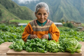 An elderly woman in traditional attire stands proudly behind a table filled with fresh green vegetables, set against a lush mountainous backdrop.