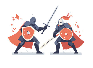 A flat modern illustration isolates two medieval knights in armor on a white background, where they fight with swords and shields in a chivalry tournament
