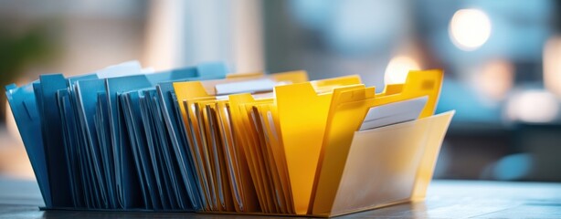 The File Folders in Colorful Organizers on an Office Desk with Bokeh Background