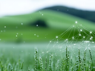 A serene green landscape featuring tall grass and a digital network overlay, symbolizing the fusion of nature and technology.