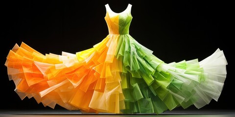A vibrant, multi-layered dress made of translucent materials, showcasing a gradient of colors from orange to green, creating a striking visual effect.