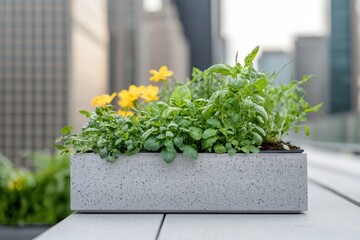 A modern planter filled with vibrant herbs and flowers, set against a backdrop of urban skyscrapers, showcasing a blend of nature and city life.