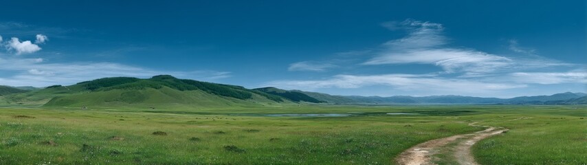 Obraz premium Panoramic hdr landscape view green hills open field nature environment