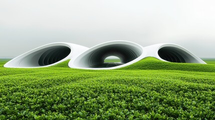 A futuristic architectural structure rises above lush green fields, featuring smooth curves and organic forms, blending nature with innovative design.
