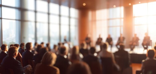 The audience listening attentively to a panel discussion in a sunlit modern conference room