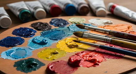 Obraz premium Wooden palette displaying vibrant paint splotches, paint tubes, and brushes