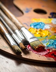 Obraz premium Wooden palette, brushes, and vibrant oil paints, arranged on a textured wooden surface