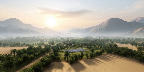 A serene landscape featuring mountains, lush greenery, and solar panels under a soft sunrise, showcasing the harmony between nature and technology.