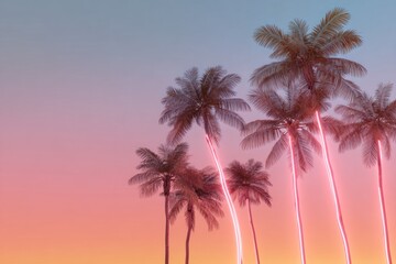 neon outline of palm trees against pastel gradient sunset, surreal resort poster style