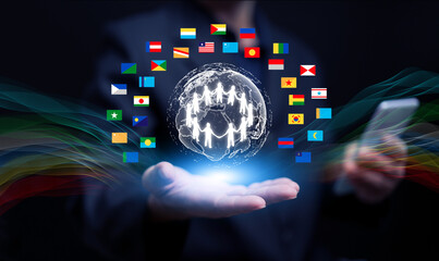 Concept of global unity and international cooperation with glowing human figures around digital Earth, representing teamwork, connection, and partnership among worldwide communities.