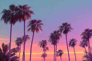 neon outline of palm trees against pastel gradient sunset, surreal resort poster style