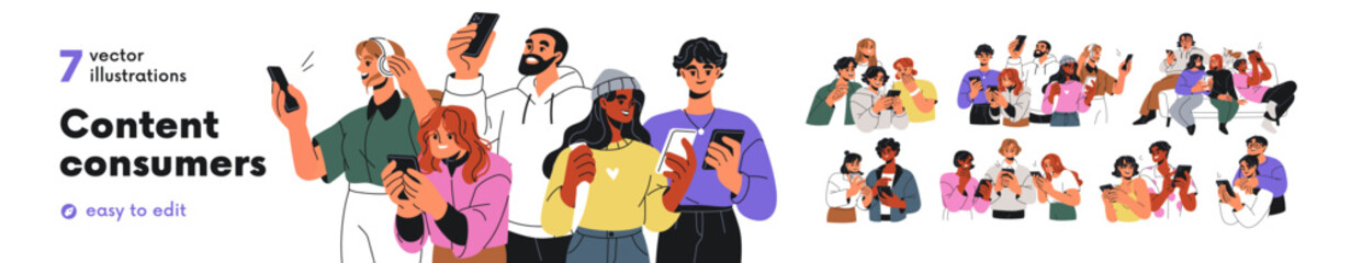 Naklejka na ściany i meble People groups looking at mobile phones screens set. Couples, friends watch video, scroll social media, read news together. Content consumers. Flat vector illustrations isolated on white background Naklejka na ściany i meble People groups looking at mobile phones screens set. Couples, friends watch video, scroll social media, read news together. Content consumers. Flat vector illustrations isolated on white background