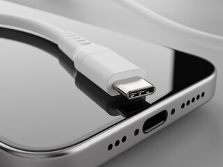 USB Type-C cable with smartphone USB C ports closeup. 