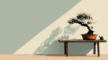 Bonsai tree on a wooden table in a peaceful room © Mangku