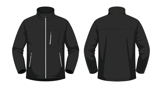 Technical black jacket illustration showcasing front and back view ideal for apparel design presentation product visualization