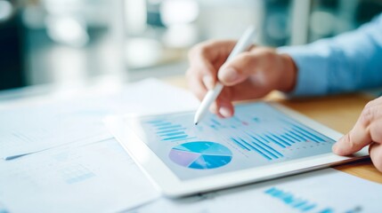 Hands holding stylus over tablet displaying data charts and graphs, showcasing remote work productivity in a modern home office environment