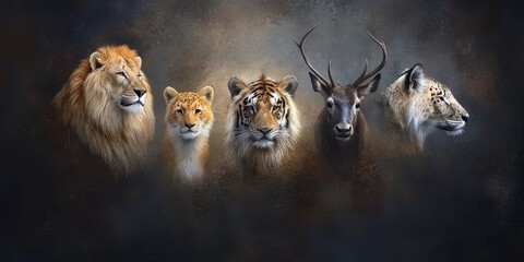 A stunning artistic representation of a lion, tiger, leopard, deer, and a young tiger, showcasing the diversity of wildlife in a dramatic, moody background.