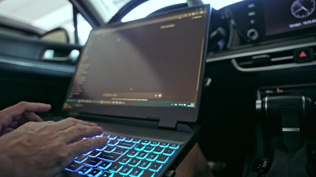 Time lapse video showing man working on laptop inside car, using AI chat bot, concept of modern remote work. Selective focus on hands with shallow depth of field and glowing keyboard lights