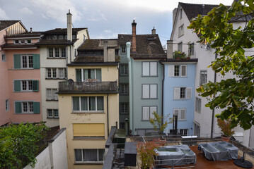 Multicolored Traditional Houses and Rooftop Terrace at Lindenhof Lookout Point in Zurich, Switzerland
