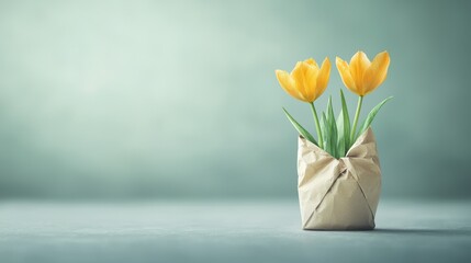 A minimalist arrangement featuring vibrant yellow tulips in a crumpled paper vase against a soft, blurred background.