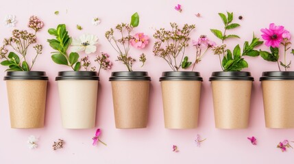 A row of eco-friendly cups filled with vibrant flowers against a soft pink background, creating a charming and artistic display.