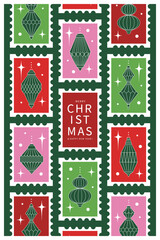 Merry Christmas and Happy New Year background with a set of postage stamps. Beautiful poster template for winter holidays. Vector illustration for season banner, advertising, sales.