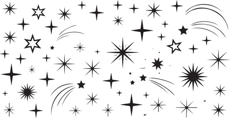 Black and White Sparkling Starbursts and Shooting Stars   star, sparkle, starburst, shine, magic, glitter, shooting star, night sky, celestial, black, white, icon, set, galaxy.