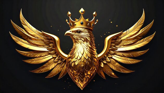 A majestic, golden bird of prey, crowned, wings spread against a dark backdrop, radiating opulence and power