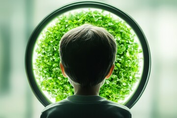 A child gazes through a circular window at vibrant green foliage, symbolizing curiosity and connection with nature.
