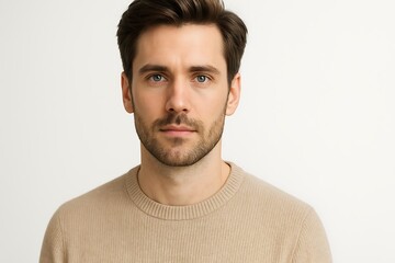 Obraz premium Portrait of Young Man in Beige Sweater, Minimal Studio Style, Trendy Male Model on White Background