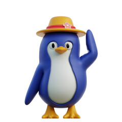 A Cheerful Blue Penguin Character Wearing a Yellow Straw Hat with a Pink Ribbon and Flower Accent Waving Hello in a Studio Setting With a Transparent Background