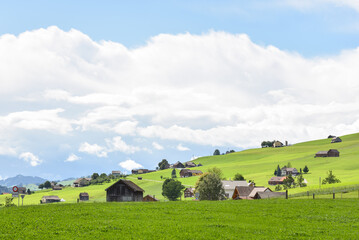 Alpine Mountain Landscape with Traditional Homes in Appenzellerland Region, Switzerland