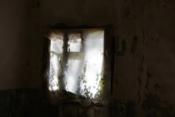 atmospheric light in abandoned decaying room. sunlight streaming through abandoned old window