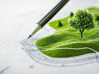A close-up of a pen sketching a green landscape design with a tree, showcasing a blend of nature and architectural planning.