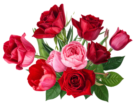 Red and pink flowers isolated on a transparent background. Floral arrangement, bouquet of roses and tulips. Can be used for invitations, greeting, wedding card