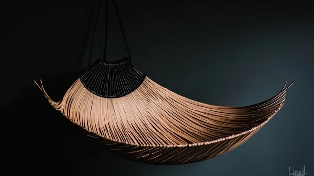 Fototapeta A large wooden object with a black and brown design is suspended from the ceiling. The object is shaped like a fan and he is a piece of art