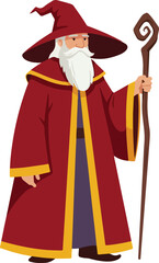 Old wizard with staff in red robe. Suitable for fantasy book covers, game design, or mystical branding projects. Enchanting character.