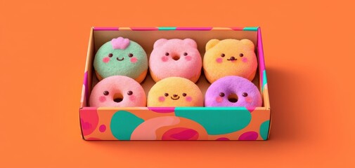 The Donuts in a Colorful Gift Box with Cute Smiling Faces on Orange Background
